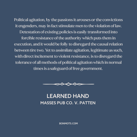 A quote by Learned Hand about first amendment: “Political agitation, by the passions it arouses or the convictions it…”