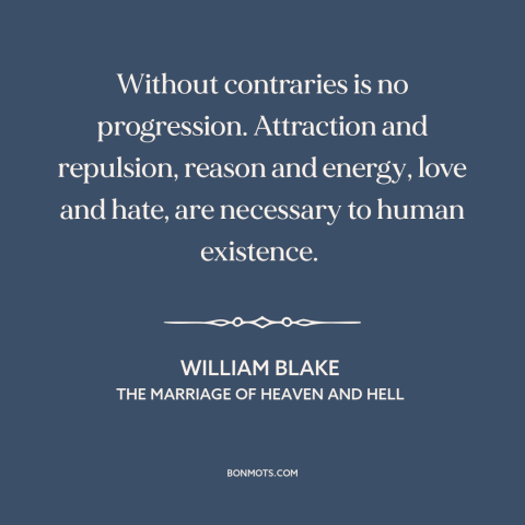 A quote by William Blake about opposites: “Without contraries is no progression. Attraction and repulsion, reason and…”