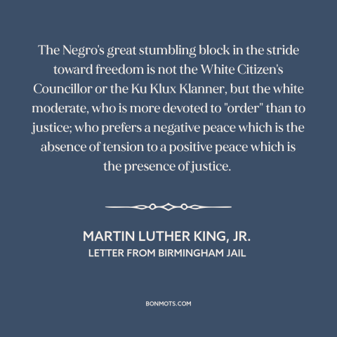 A quote by Martin Luther King, Jr. about civil rights: “The Negro's great stumbling block in the stride toward freedom is…”