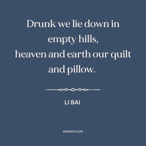 A quote by Li Bai about spending time in nature: “Drunk we lie down in empty hills, heaven and earth our quilt and pillow.”