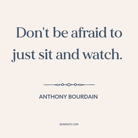 A quote by Anthony Bourdain about stillness: “Don't be afraid to just sit and watch.”