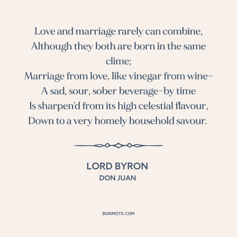 A quote by Lord Byron about love and marriage: “Love and marriage rarely can combine, Although they both are born in the…”
