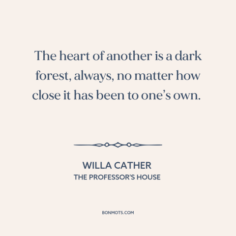 A quote by Willa Cather about limits of knowledge: “The heart of another is a dark forest, always, no matter how close it…”