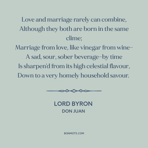 A quote by Lord Byron about love and marriage: “Love and marriage rarely can combine, Although they both are born in the…”