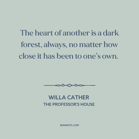 A quote by Willa Cather about limits of knowledge: “The heart of another is a dark forest, always, no matter how close it…”
