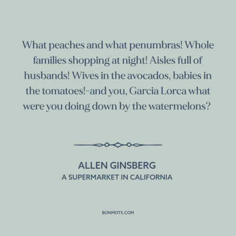 A quote by Allen Ginsberg about consumerism: “What peaches and what penumbras! Whole families shopping at night! Aisles…”