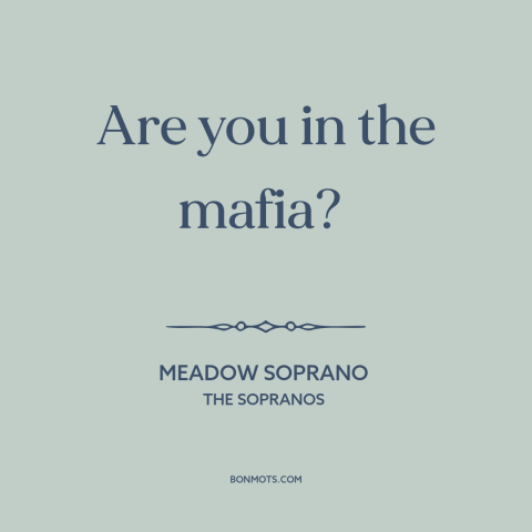 A quote from The Sopranos about the mafia: “Are you in the mafia?”